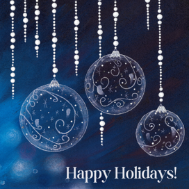 Painting of white Christmas balls hanging in front of a dark navy background.